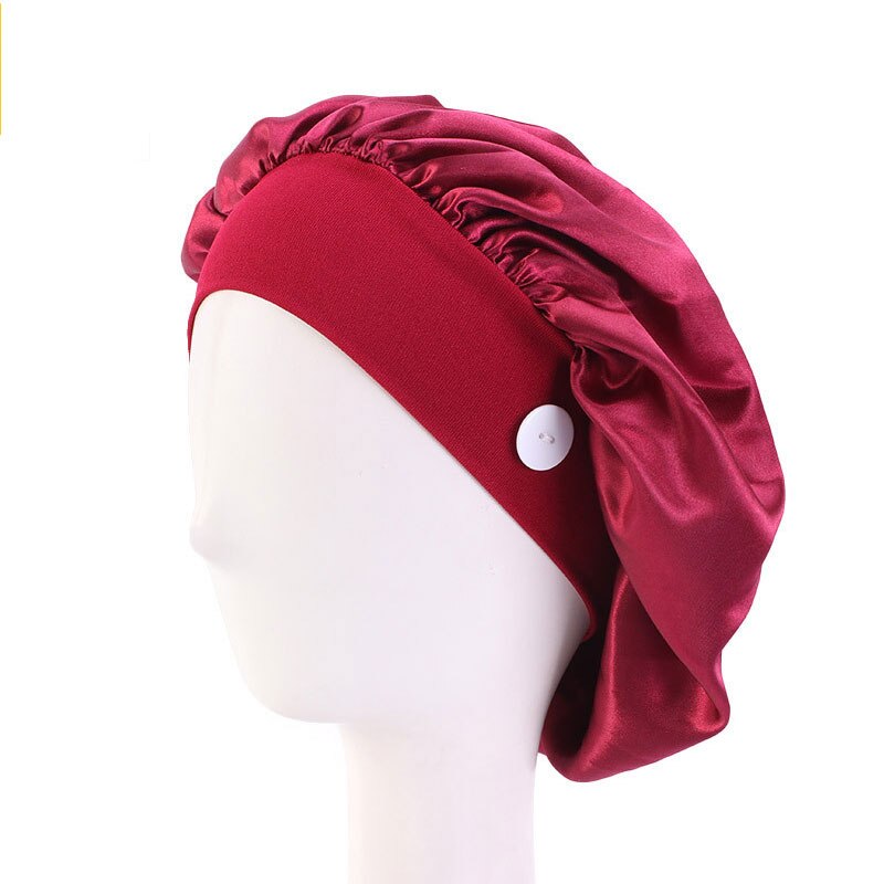 Satin Silk Nightcap Sleep Button Elastic More style Cap Nurse Hat Women Solid Long Hair Cap Hat Head Cover Bonnet Hat: wine red