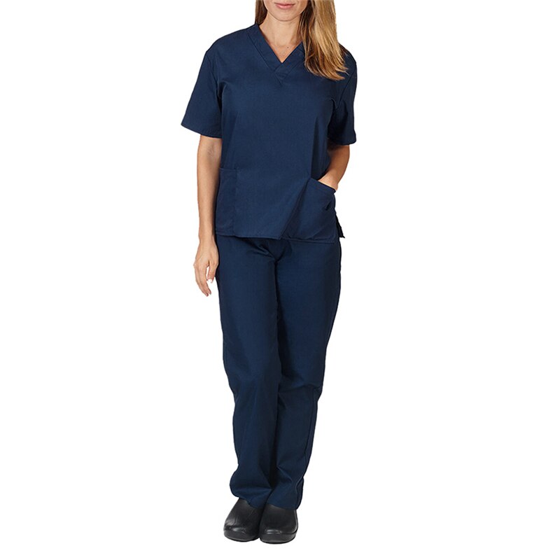 Vrouwen Mannen Werkkleding Korte Mouwen V-hals Tops + Broek Verpleging Werken Uniform Pak Scrub Uniform Overalls Kleding: navy blue / XXL