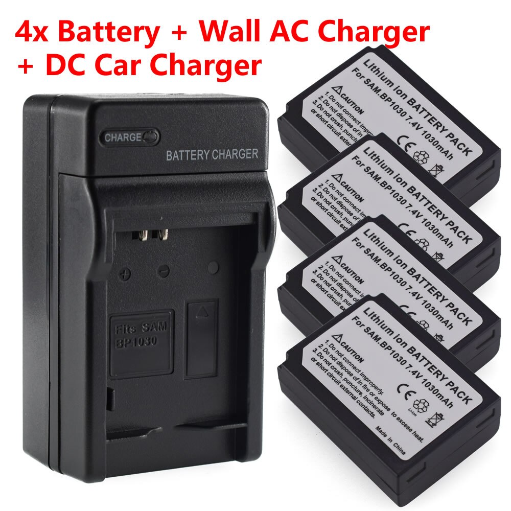 2X BP-1030 Batterij + Lader + Autolader Voor Samsung NX200 NX210 NX1000 NX1100 NX2000 NX2020 NX300 NX300M NX310 NX500: 4 Battery Set