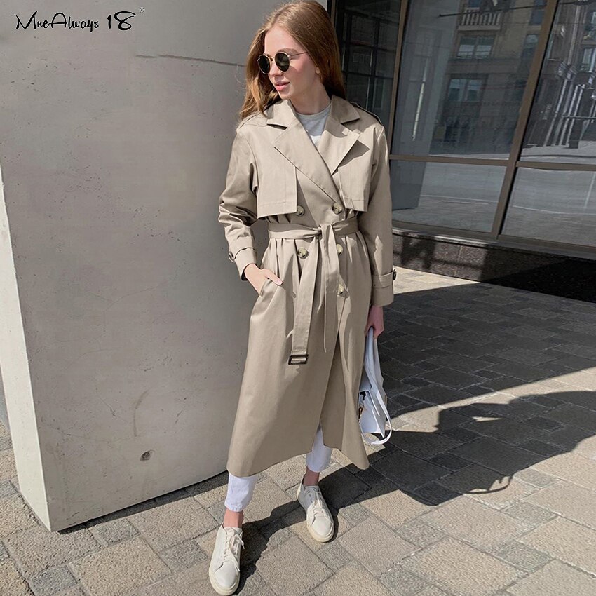 Mnealways18 Neue Zweireiher Graben Mantel Kleid Frauen Windjacke Langarm angeschnallt verlieren Mantel Damen Oberbekleidung Frühling Herbst: khaki / S