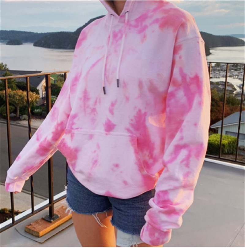 Tie Dye Sport Sweaters Women Sweatshirts Spring Fall Long Sleeve Hooded Pullovers Female Casual Tops Plus Size: XL / Pink