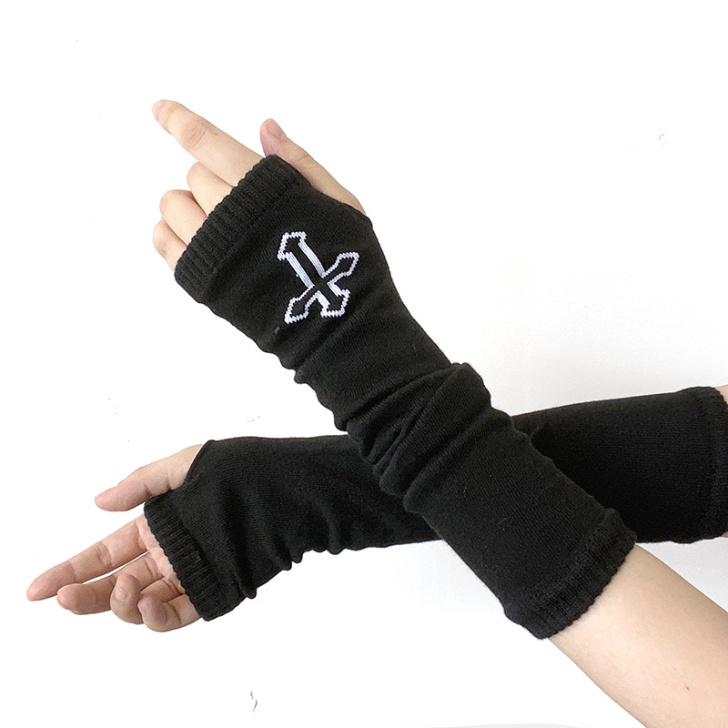 Gothic Harajuku Punk Stijl Zwarte Cross Print Half Vinger Lange Handschoen Meisje Lengte Mouw Vingerloze Handschoenen Mode Streetwear: Cross pattern