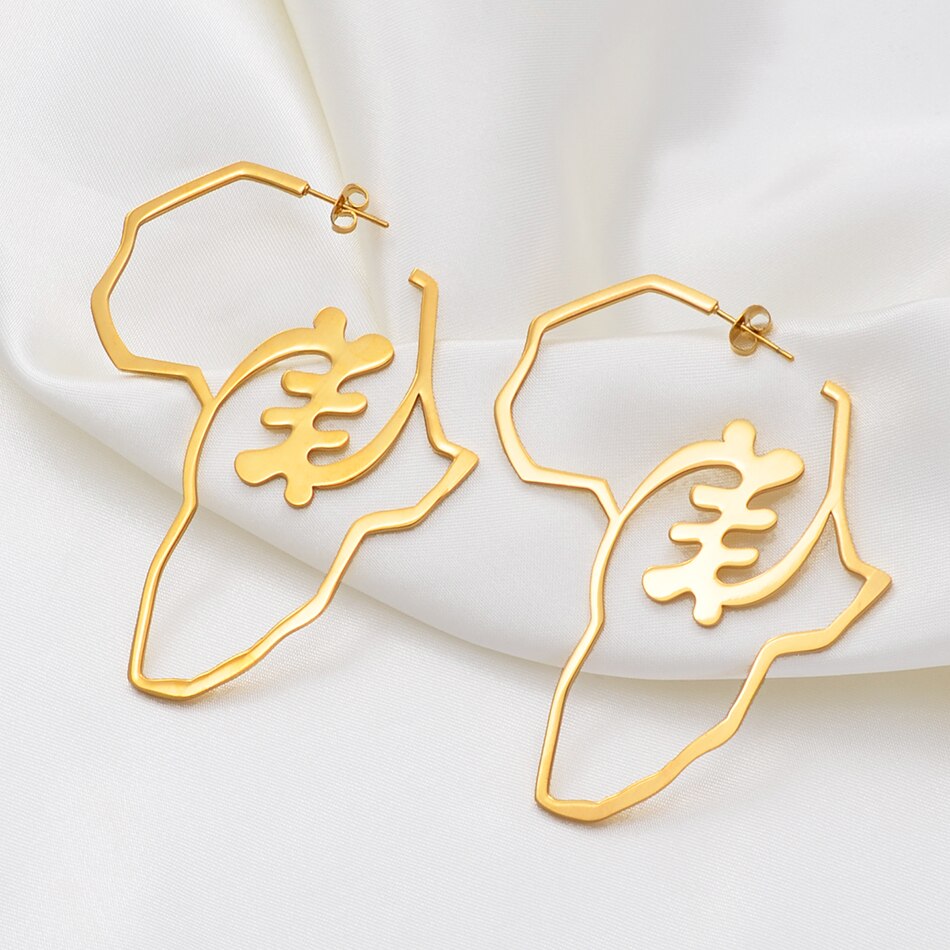 Anniyo Bigger Africa Map Earrings Gold Color Stainless Steel Adinkra Nyame Big Earrings Stud Ethnic large Jewelry Symbol #131221