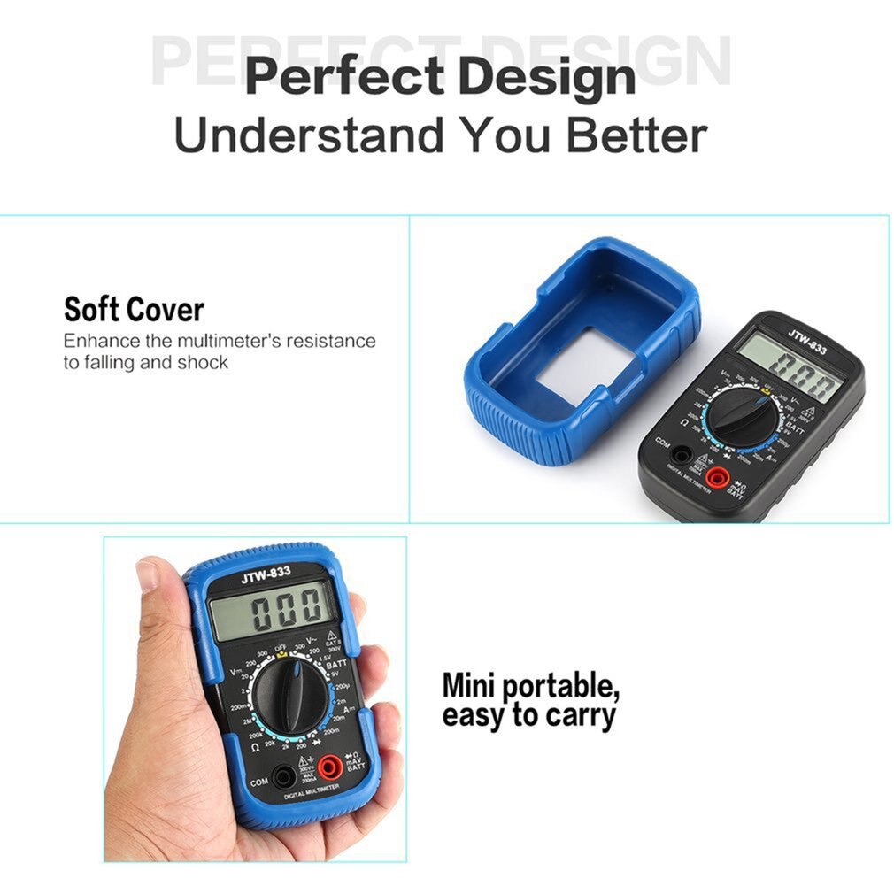 JTW-833 Handheld Mini Digital Multimeter 1999 Counts AC/DC Volt Amp Ohm Diode Battery Tester Ammeter Voltmeter