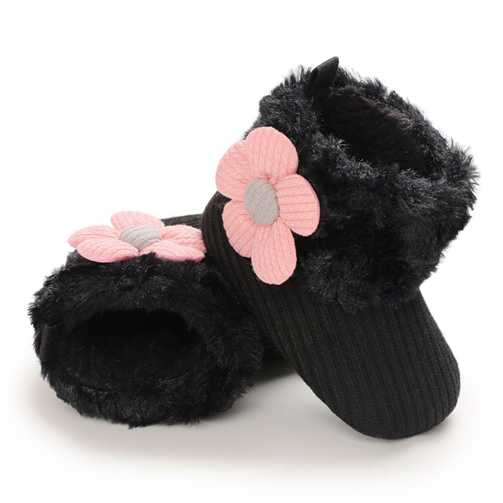 Kleine Baby Snowboots Chic Simple Pluche Bloemen Houden Warme Zachte Faux Fur Knit Bloem Booties Anti-Slip Baby prewalkers: Black / 13-18 months
