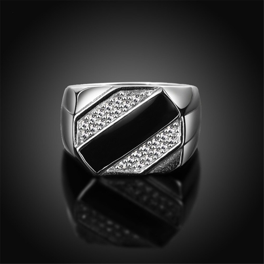 FDLK-Anillo de boda con diamantes de imitación para hombre, joyería masculina de buena , Color plateado, esmalte de imitación negro, talla clásica 6-11
