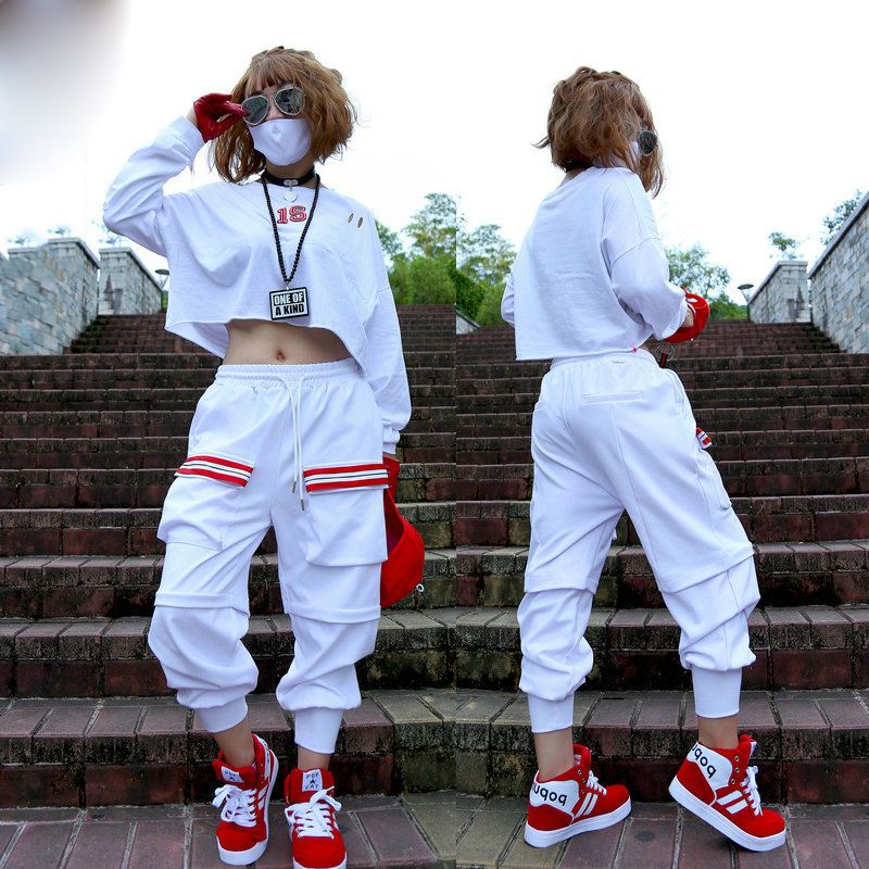 Hip Hop Dance Costume White Long Sleeve Shirt Pants Adult Street Dancing Clothes Jazz Dancer Stage Outfit Rave Wear Women DT1057
