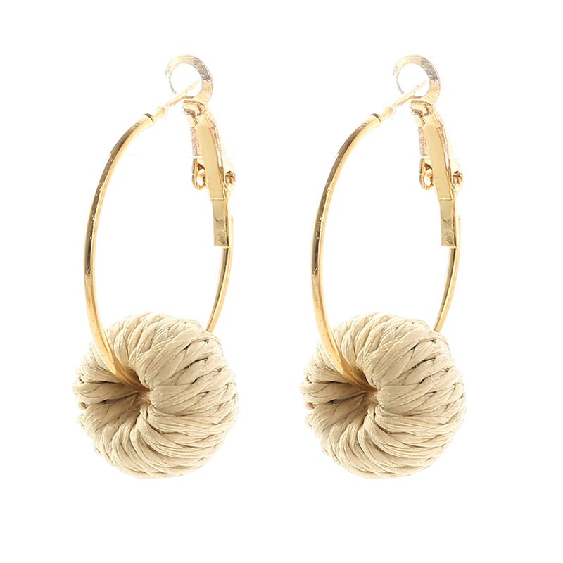 Simple Female Trendy Woven Vine Rattan Straw Earrings For Women Bohemian Boho Metal Round Circle Dangle Earring Jewelry: E0385-2