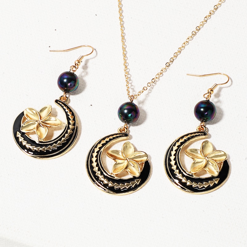 KOMi Polynesian Hawaiian Samoa Marshall Style Glass Bead Pearl Hollow Cross Heart Flower Charm Necklace Earrings Jewelry Set