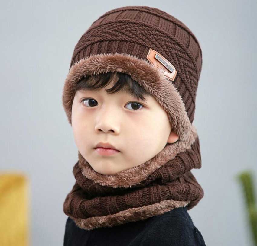 Kinderen winter gebreide muts en sjaal handschoenen set jongen meisjes warme pluche muts 3- delige sets kind outdoor skimuts sjaals effen: Koffie 2 stuks set