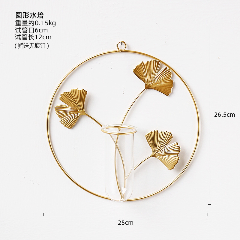 Metal Wall Vase Cylinder Flower Pot Gold Frame Wall Vase For Artificial Flower Glass Vase Wall Mount Flower Vase Home Wall Decor: Round