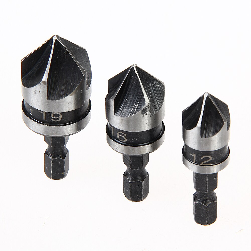 3PC1/4 Hex 5Flute 12-19mm Countersink Drill Bit for Wood Metal Quick Change Woodworking Chamfer Counter Sink Deburring Chamfer