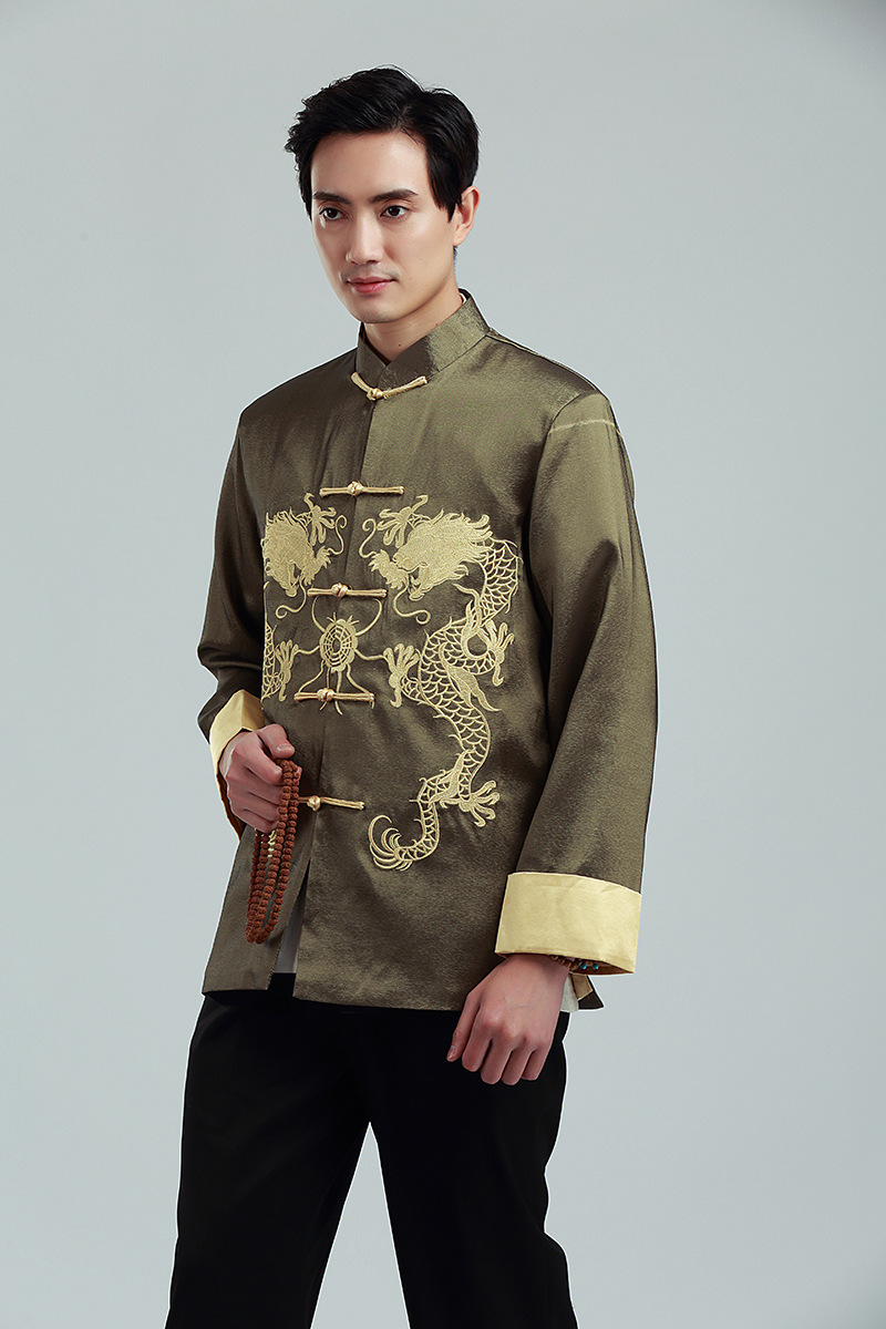 Mannen Traditionele Chinese Draak Borduurwerk Tang Pak Oosterse Tee Tops Shirt Kung Fu Losse Blouse Mannelijke Hanfu Jas Stadiumkostuum: Green / 2XL