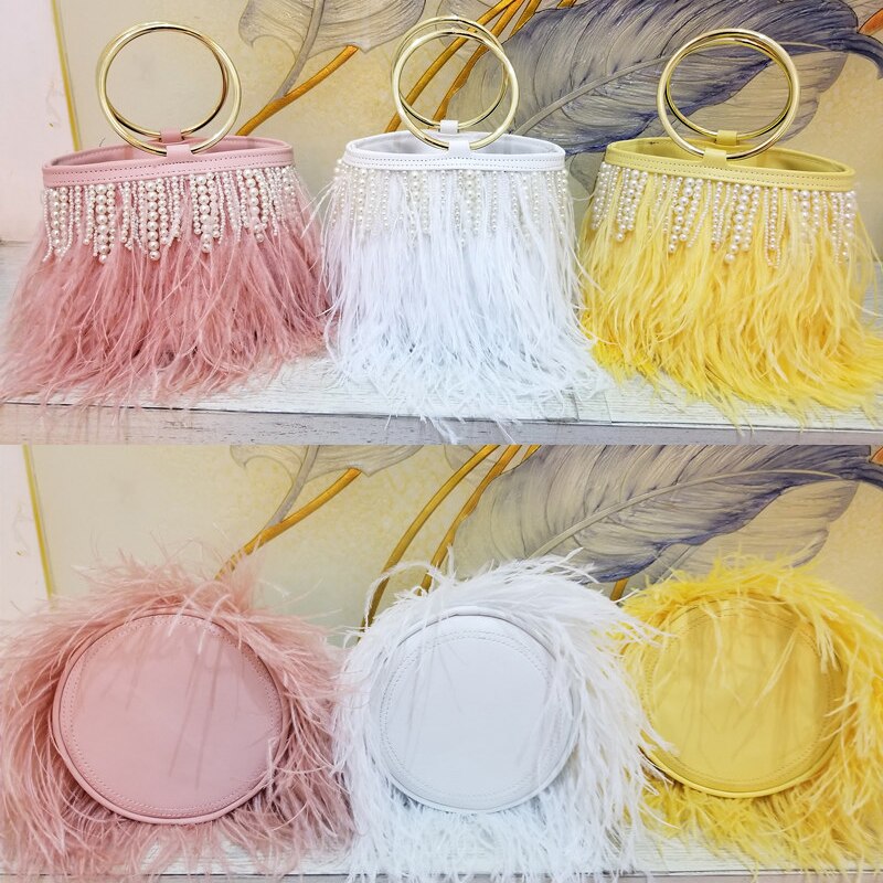 Luxury Ostrich Feather Wedding Purses and Handbags for Women Bucket Tote Pearl Fringe Party Chain Shoulder Bag