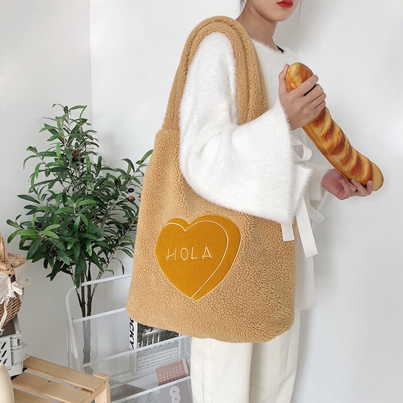 Vrouwen Kawaii Lam Stof Schoudertas Handtas Tote Grote Capaciteit Borduurwerk Shopper Tassen Leuke Tas Voor Meisjes Nieuw
