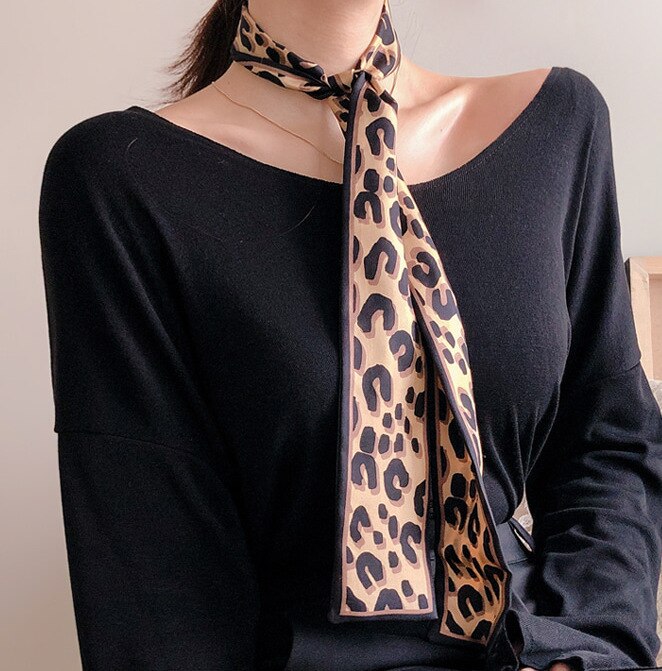nueva bufanda con estampado de leopardo bufanda de mujer bufanda de seda flaca pequeña bolsa con asas cintas pañuelo para mujer
