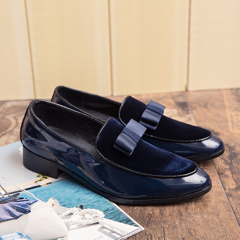 Vusuvon herr formella skor bowknot bröllopsklänning herrar lägenheter fritidsskor svart blå lack slip on mocka loafers herr sko
