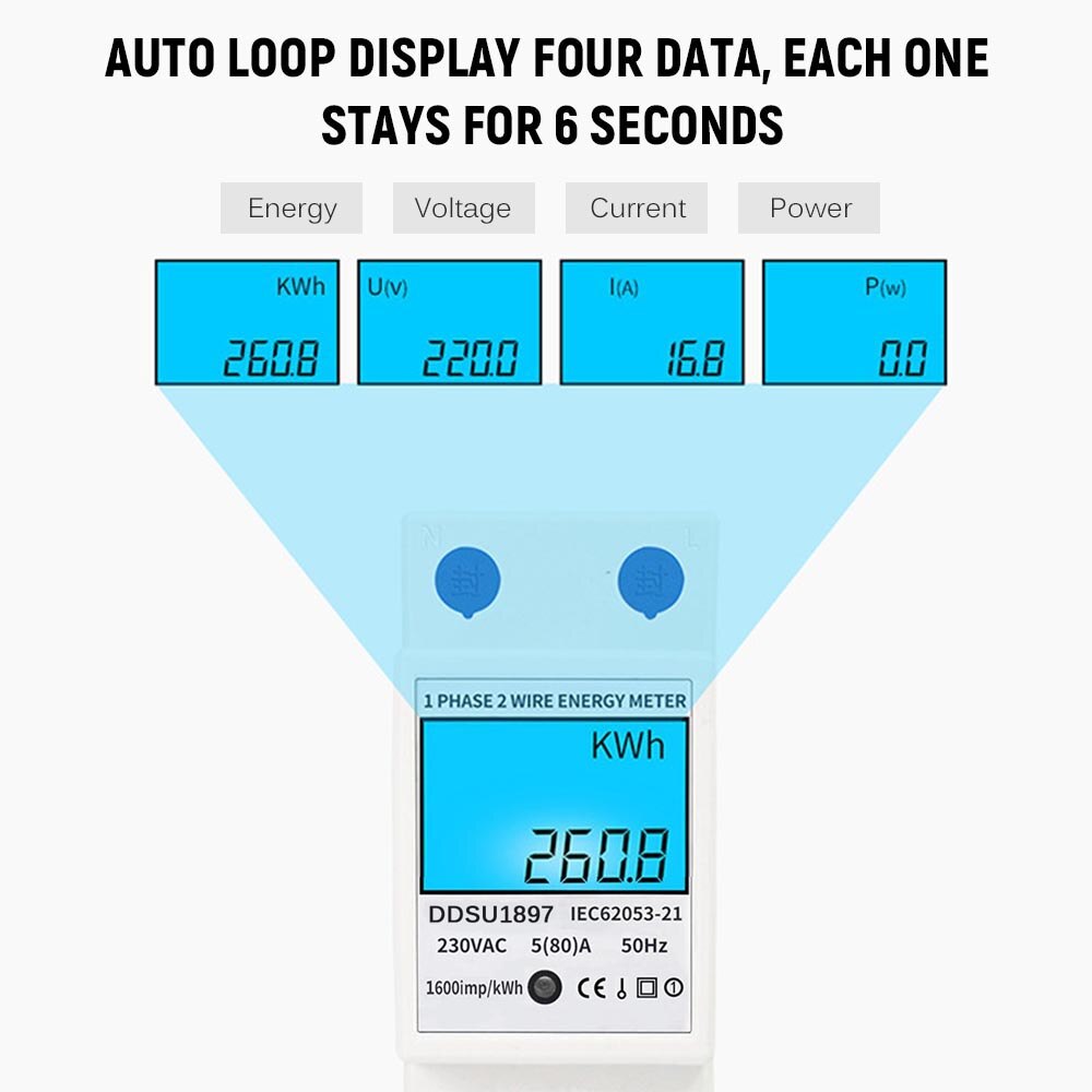 DDSU1897 Digital Electric Energy Meter Single Phase DIN Rail Electricity Wattage One Phase Two Wire Multifunction Power Analyzer