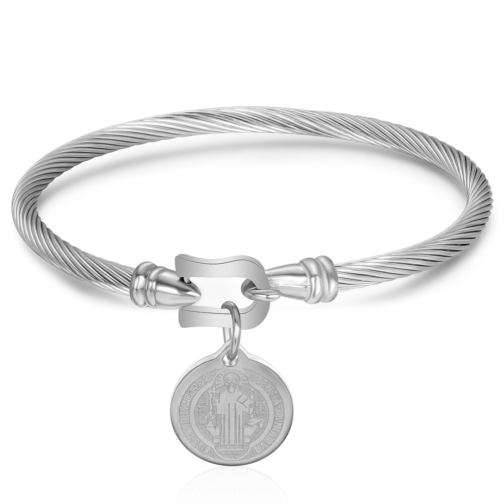 Cuff Bracelet Bangles With Saint Benedict Charm Pendant Syainless Steel Wire pulseira Jewelry Bracelets For Women