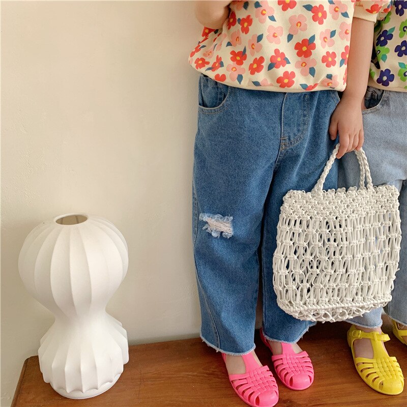 MILANCEL Été Nouveaux Enfants Pantalon Jean Déchiré à glissière Droite Vrac Solide Filles Pantalons Simple Décontracté Enfants Vêtements