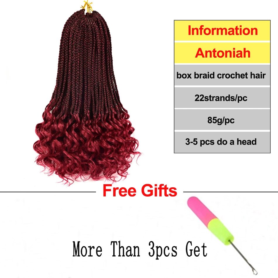 ANTONIAH 18 Inch Box Braids With Curly Ends Synthetic Hair 22strands/pack Crochet Hair Extensions Burgundy Colors For Women