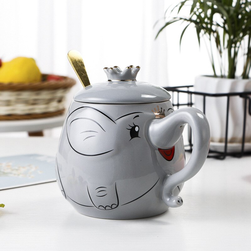 Cartoon Stereo Relief Elephant Ceramic Coffee Mug With Lid Spoon Home Office School Milk Tea Water Mugs Drinkware Cup: 8