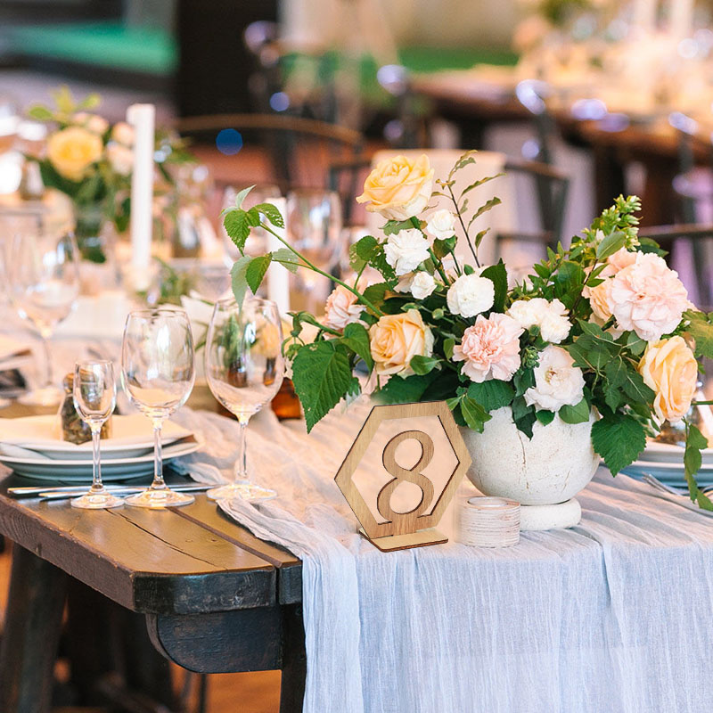 1-20 Nummer Houten Tafel Teken Hexagon Rustieke Bruiloft Plaats Kaart Desktop Decoratie Engagement Seat Nummer Borden Event Supplies