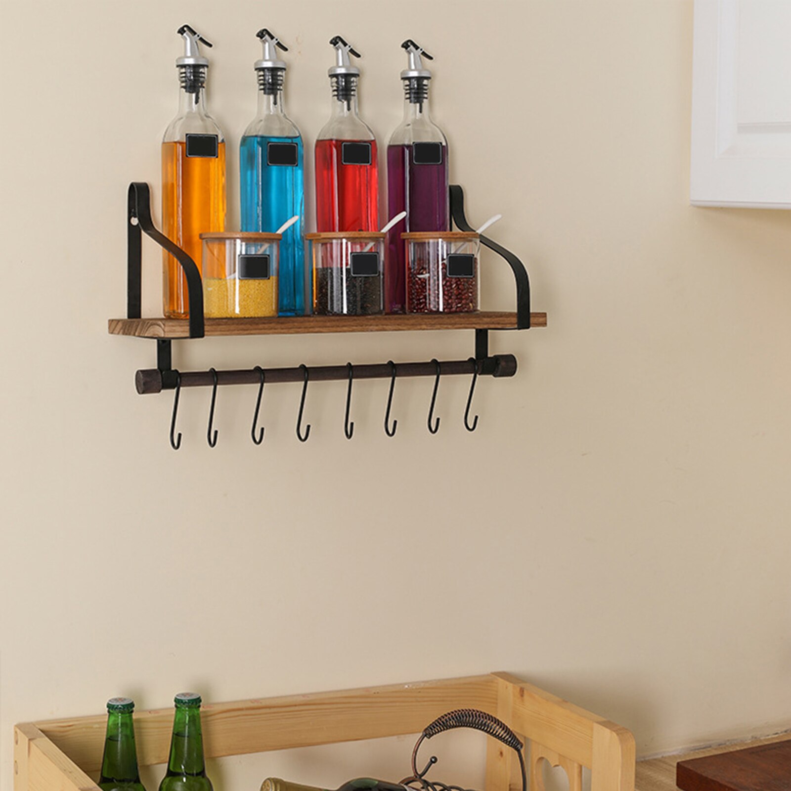 Rustic Wall Floating Wood Shelves Kitchen Organizer Stand Hanging Bracket