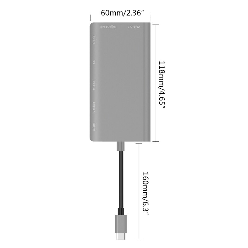Type-c dockstation usb 3.0 x 2/ sdx 1 kort + hdmi / vga + jackstik 3.5+rj45+ type-c (pd) -port