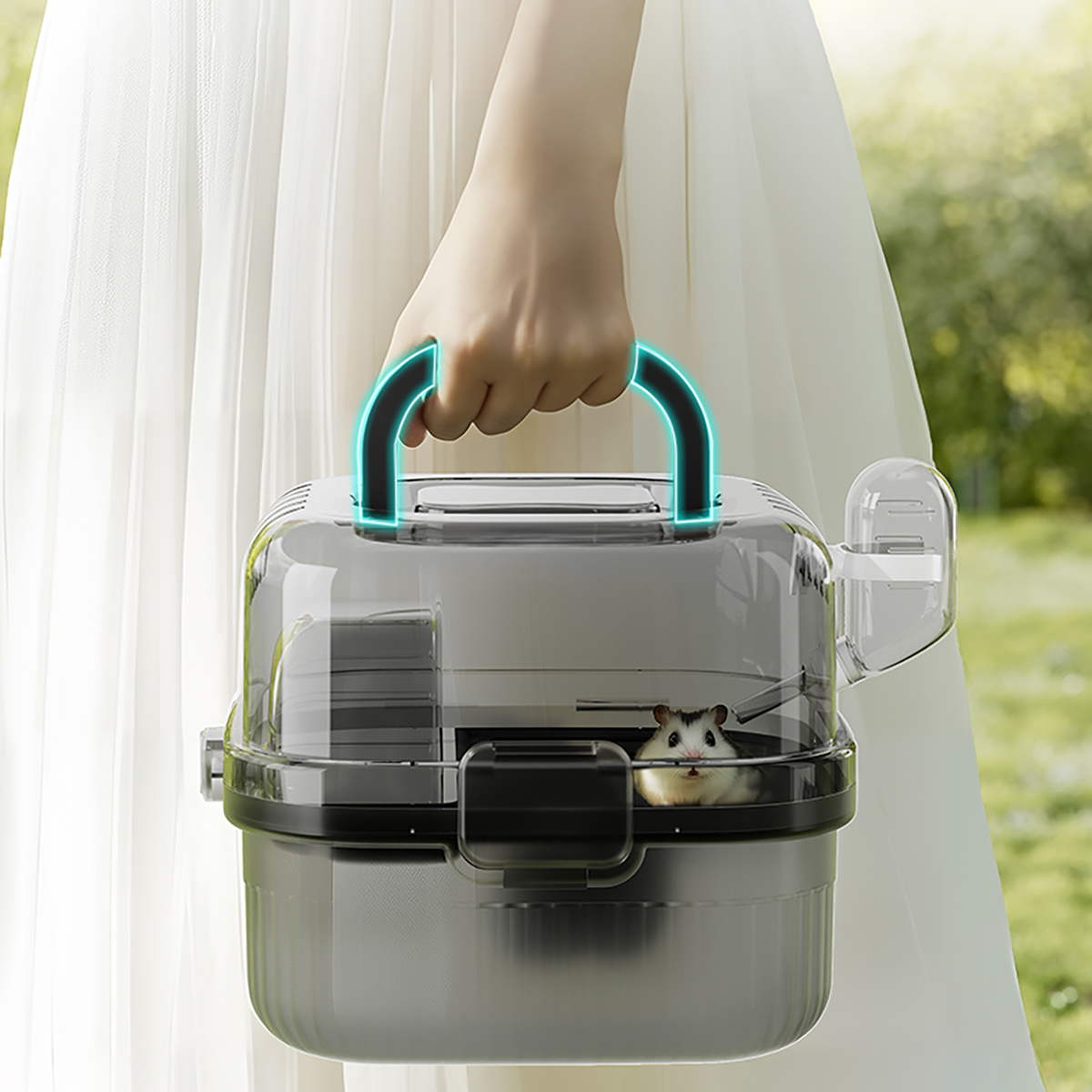 Jaula transportadora para exteriores para hámster, jaula portátil para hámster con cubierta abatible grande transparente para transporte de aves y hámster, suministros para mascotas