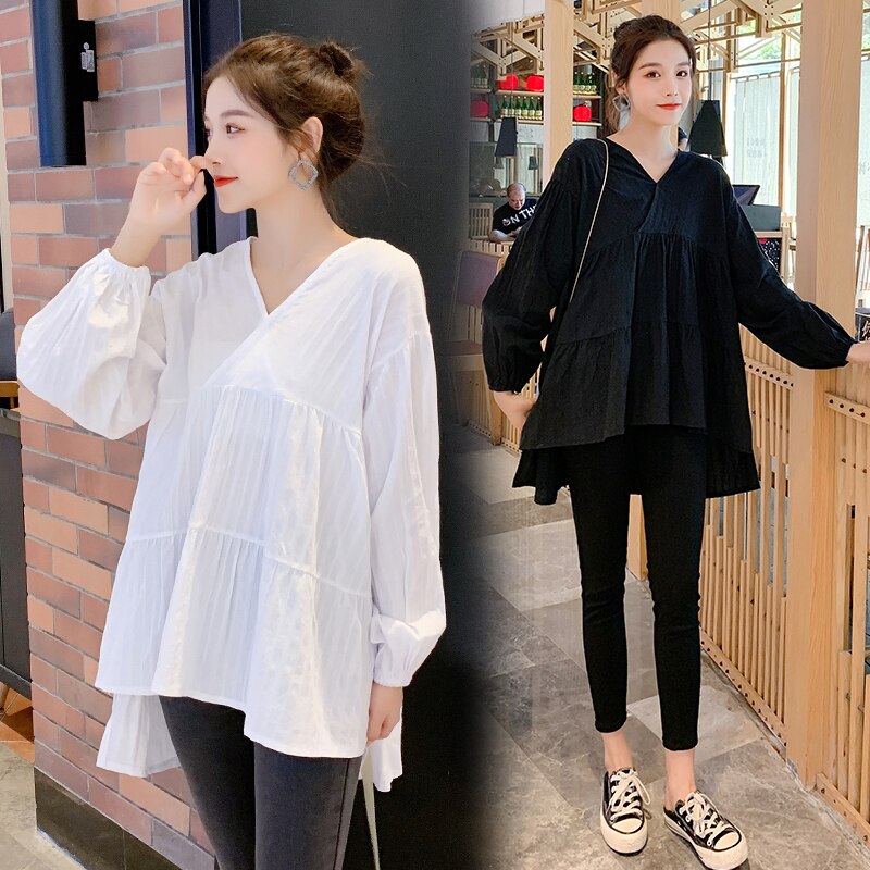 Chemises de maternité amples à manches longues, col en v, grandes tailles, chemisiers en coton irrégulier, femmes enceintes, vêtements décontractés, , automne