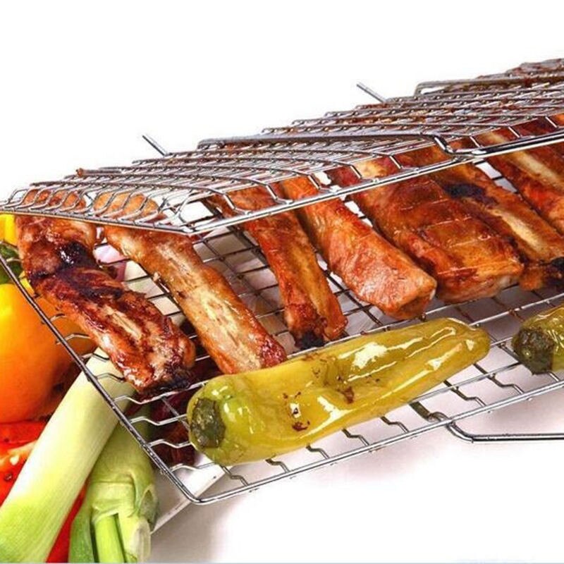 Portable BBQ Grilling Basket Stainless Steel Nonstick Barbecue Grill Basket Tools Grill Mesh for Fish Meat Hamburger