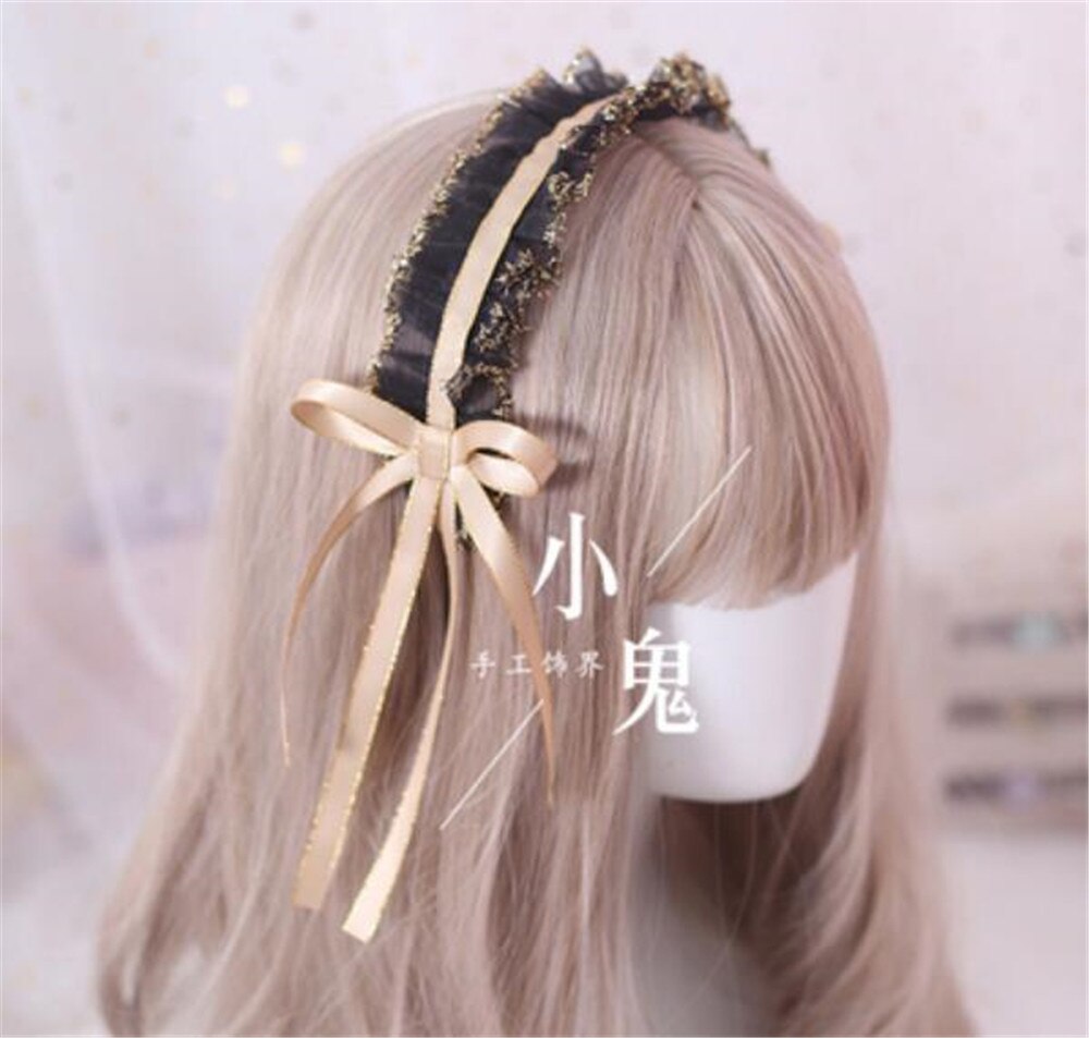 Gótico Lolita negro encaje cinta lazo pelo banda japonés coreano KC diadema mujeres Vintage accesorios B460: champagne