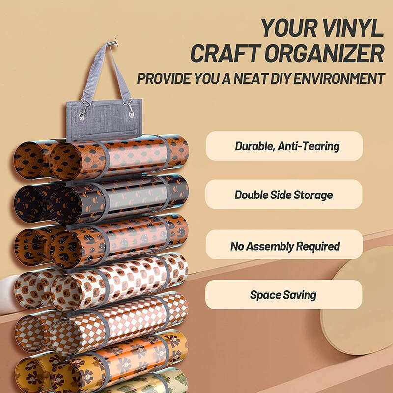 Vinyl Roll Holder With 52 Compartments, Vinyl Organizer Storage Rack Wall Mount Clear Vinyl Hanging Bag With Door Hooks