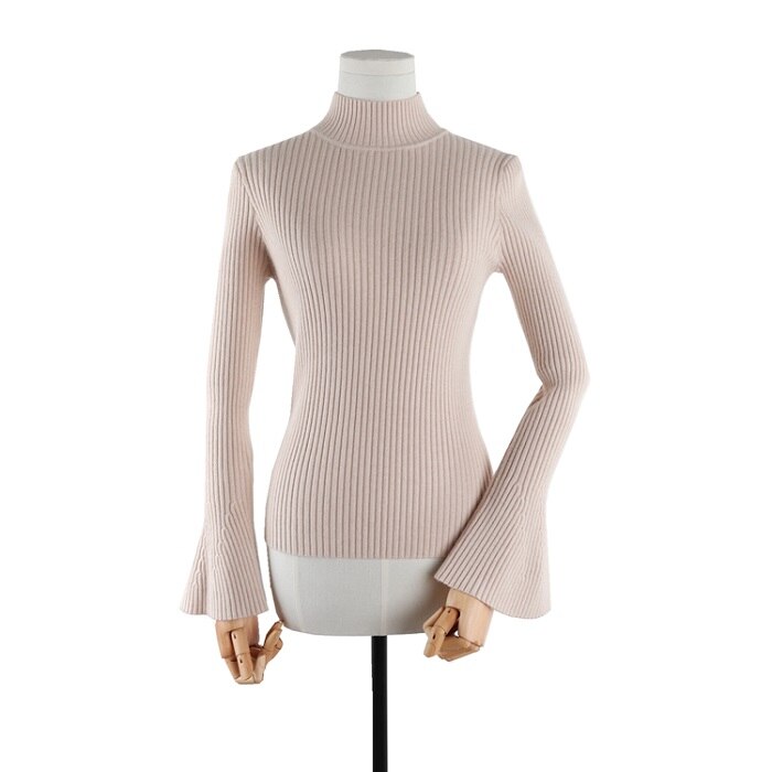 Vintage bell sweater kvinder retro halvhøj hals flare ærme pullover jumper kvindelig elastisk slank talje strikkede trøjer: Beige