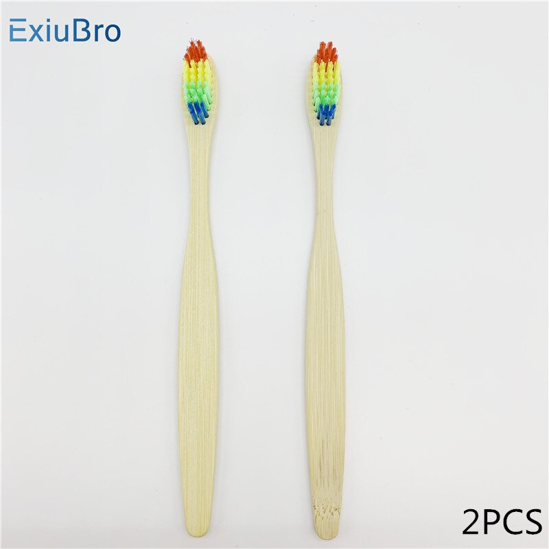 ExiuBro Rainbow Bristle Vegan Free Bamboo Toothbrush Flat Handle Biodegradable Bamboo Tooth brush Eco friendly Bamboo Handle: 2PCS Babu Toothbrush