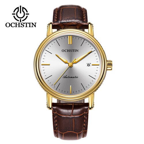 Ochstin Horloge Luxe Top Brand Lederen Mens Mechanische Hollow Skeleton Automatische Mannelijke Klok Lichtgevende Datum Sport Horloge: Gold whtie