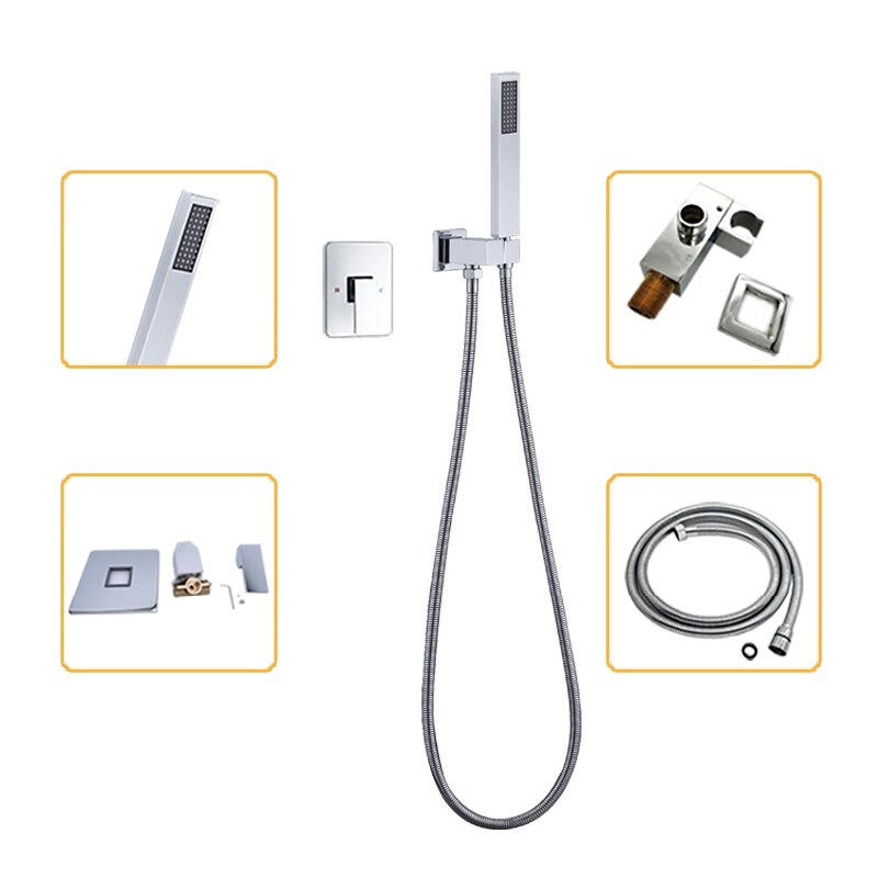 Square Solid Brass Hand Held Shower Head With Wall Connector and Hose Set Bathroom Concealed Chrome Polished Shower Faucet