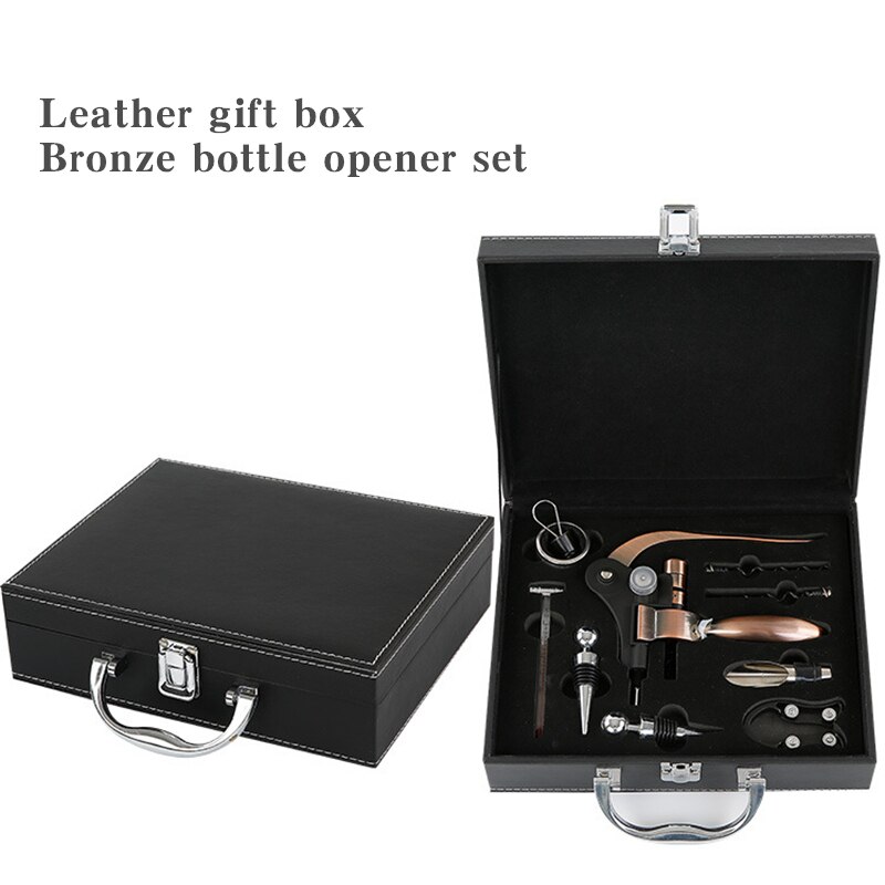 Red Wine Corkscrew Set 9 pcs/set Zinc Alloy Rabbit Shape Red Wine Opener Tools Luxury Wooden Box Packaging: Leather Bronze