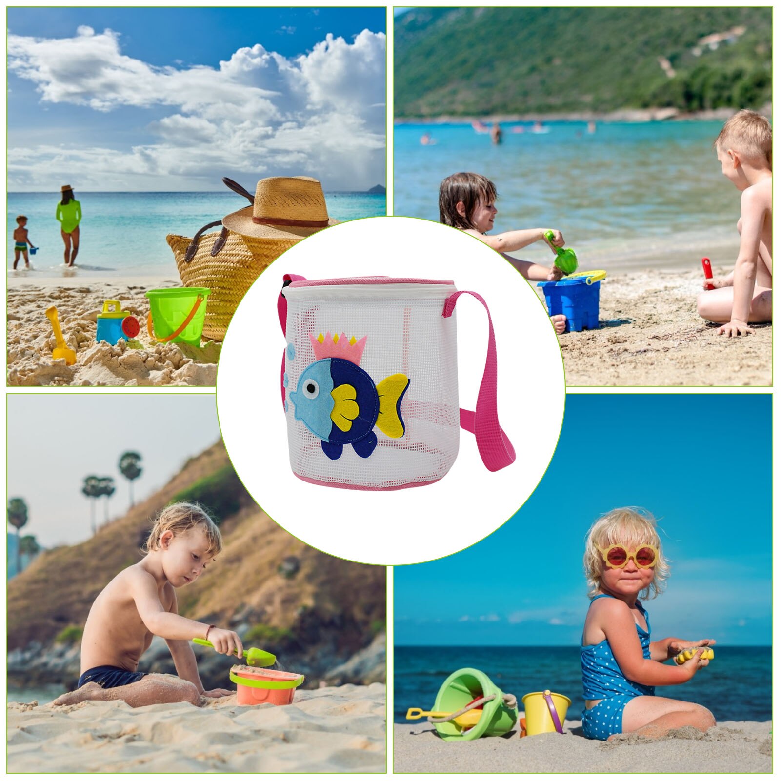 Mesh Beach Bag Tote Pouch Organizer per bambini Beach Travel Toy Organizer varie cerniera a rete e tracolla regolabile