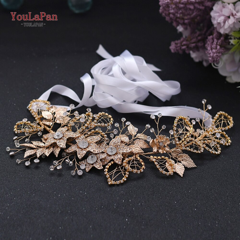 YouLaPan, cinturón Floral con diamantes de imitación, cinturón dorado para mujer, cinturón brillante, cinturones de boda para señora, cinturón nupcial con flores doradas SH282: White ribbon