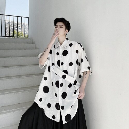 Men Cotton Linen Casual Short Sleeve Polka Dot Shirt Male Japan Karajuku Korea Streetwear Loose Shirts Black White: 2189 / XL