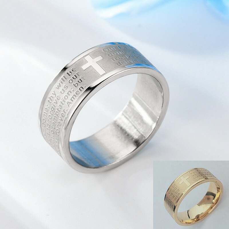 Vintage Stainless Steel Cross Scripture Ring for Men Orthodox Christian Jewelry