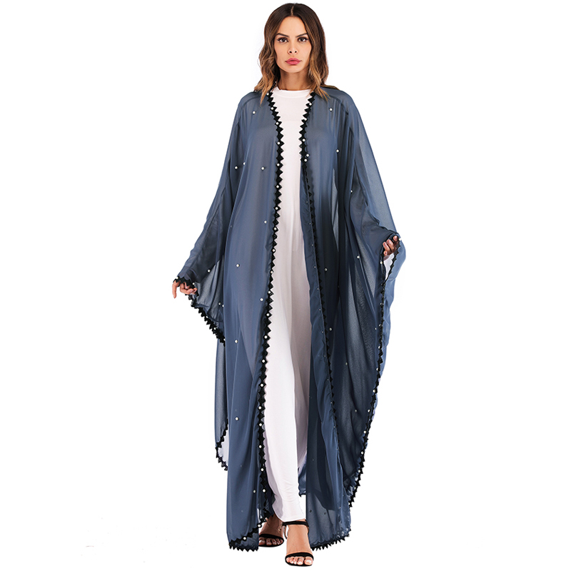 Lange Kant Mesh Parels Kaftan Abaya Dubai Turkse Islamitische Moslim Hijab Jurk Abaya Voor Vrouwen Qatar Jilbab Robe Caftan Kleding