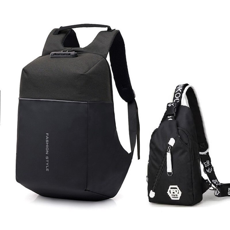 Men's USB rechargeable password lock anti-theft backpack busines computer backpack Teenager Students Travel School Bag: Set 3