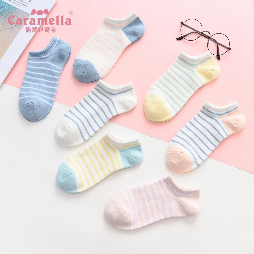 Forår kvinder sokker 7 par stribet slik farve bomuld piger ankel sokker farverige bløde usynlige korte dame sokker