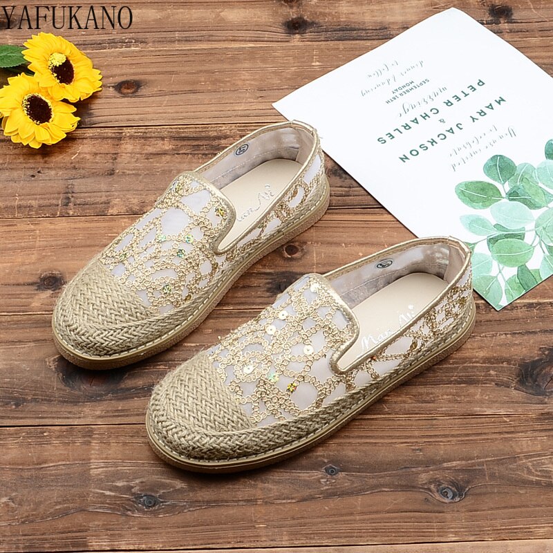 Mesh Sequins Fisherman Shoes Flat Womens Shoes Mori Girl Hemp Straw Weave Casual Sandals Literary Retro Breathable Comfort Flats