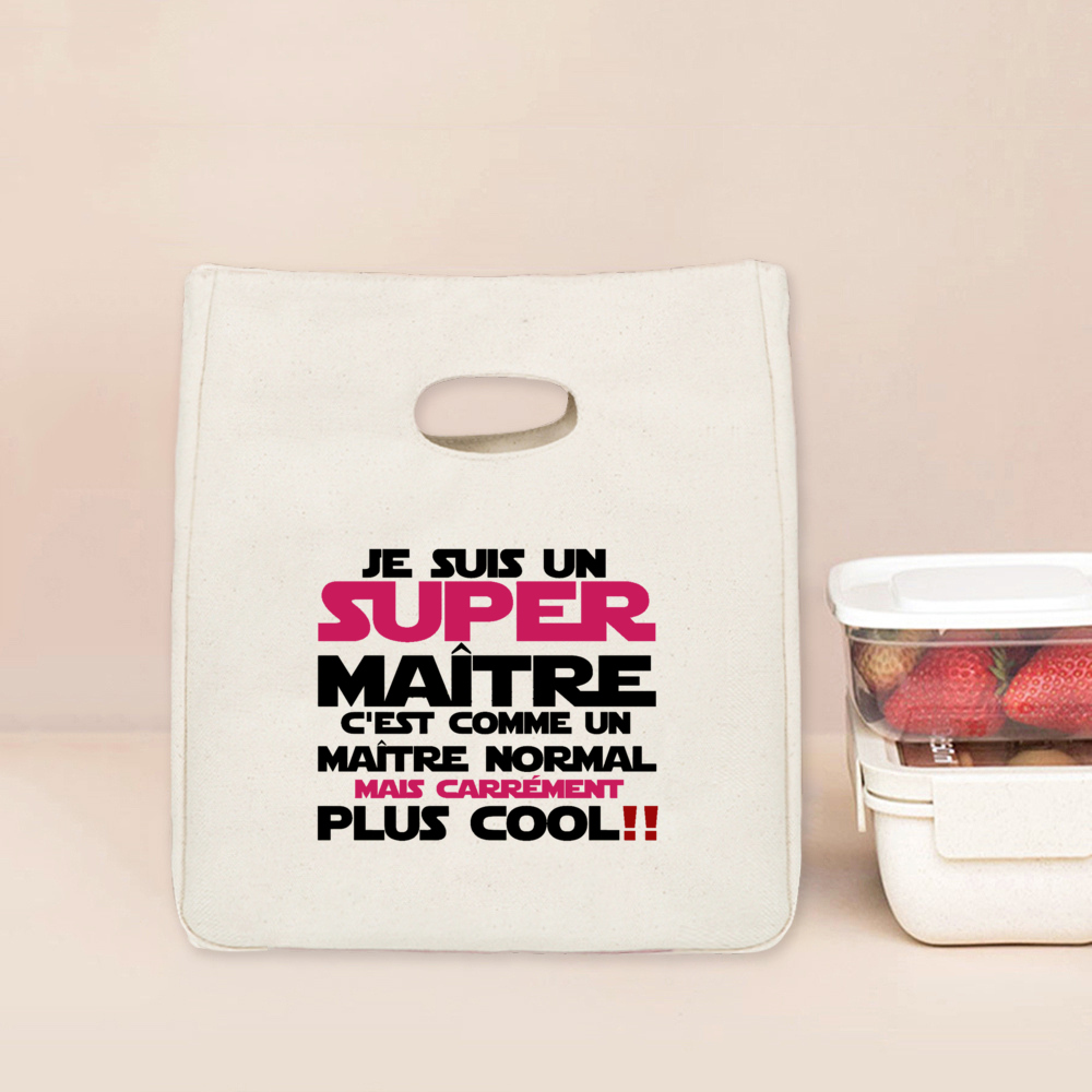Merci Maitresse Maitre French Printed Lunch Bag Insulated Cooler Bento Tote Thermal Food Bags Teacher's Day for Teachers: Brown