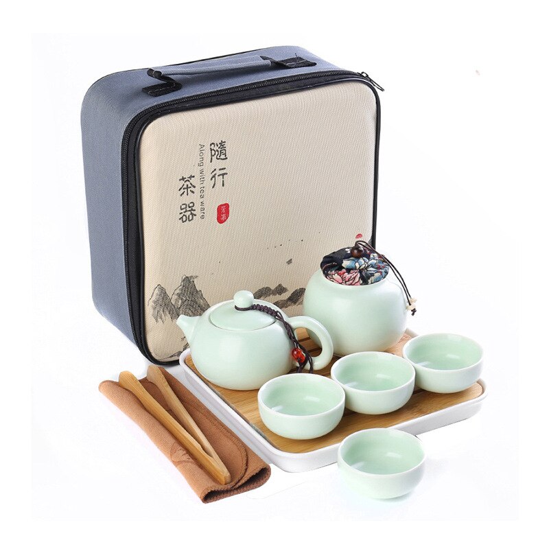Juego de té chino de viaje, tetera de cerámica portátil de Kung Fu, tazas de té de porcelana, bolsa de té para ceremonia: Amarillo claro