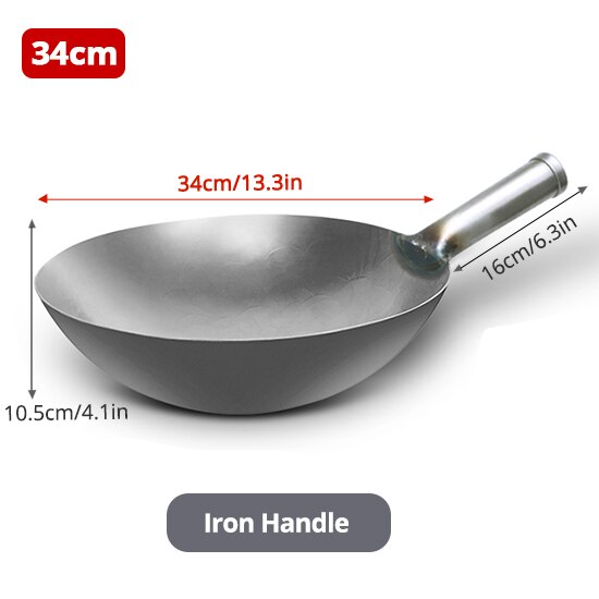 Iron Wok Chinese Traditional Handmade Iron Cook Pot Non-stick Pan Non-coating Gas Cooker Cookware Kitchen Pot Cast Iron Pan: 34cm(iron handle)